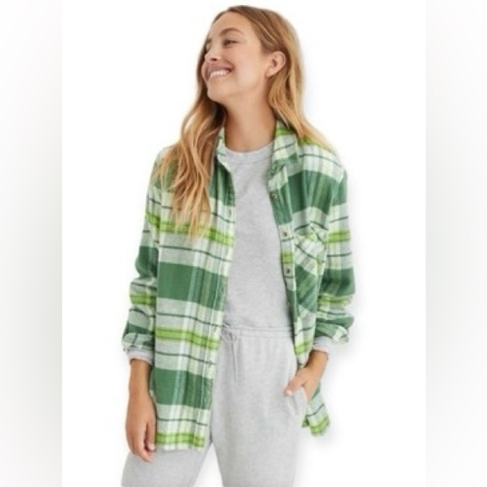 Aerie Oversized Green White Plaid Soft Flannel Button-Up Shirt Size XL NWT